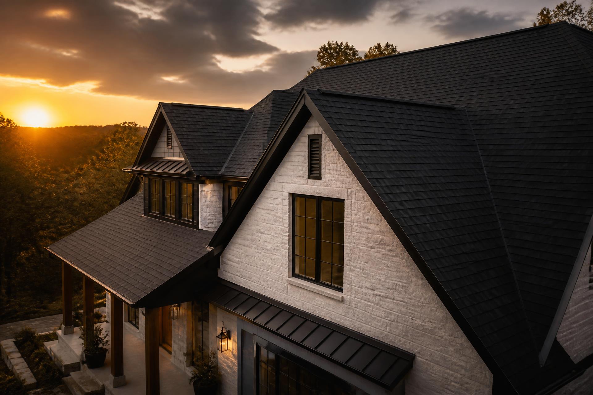Premium dark architectural shingle roof on a modern home at sunset